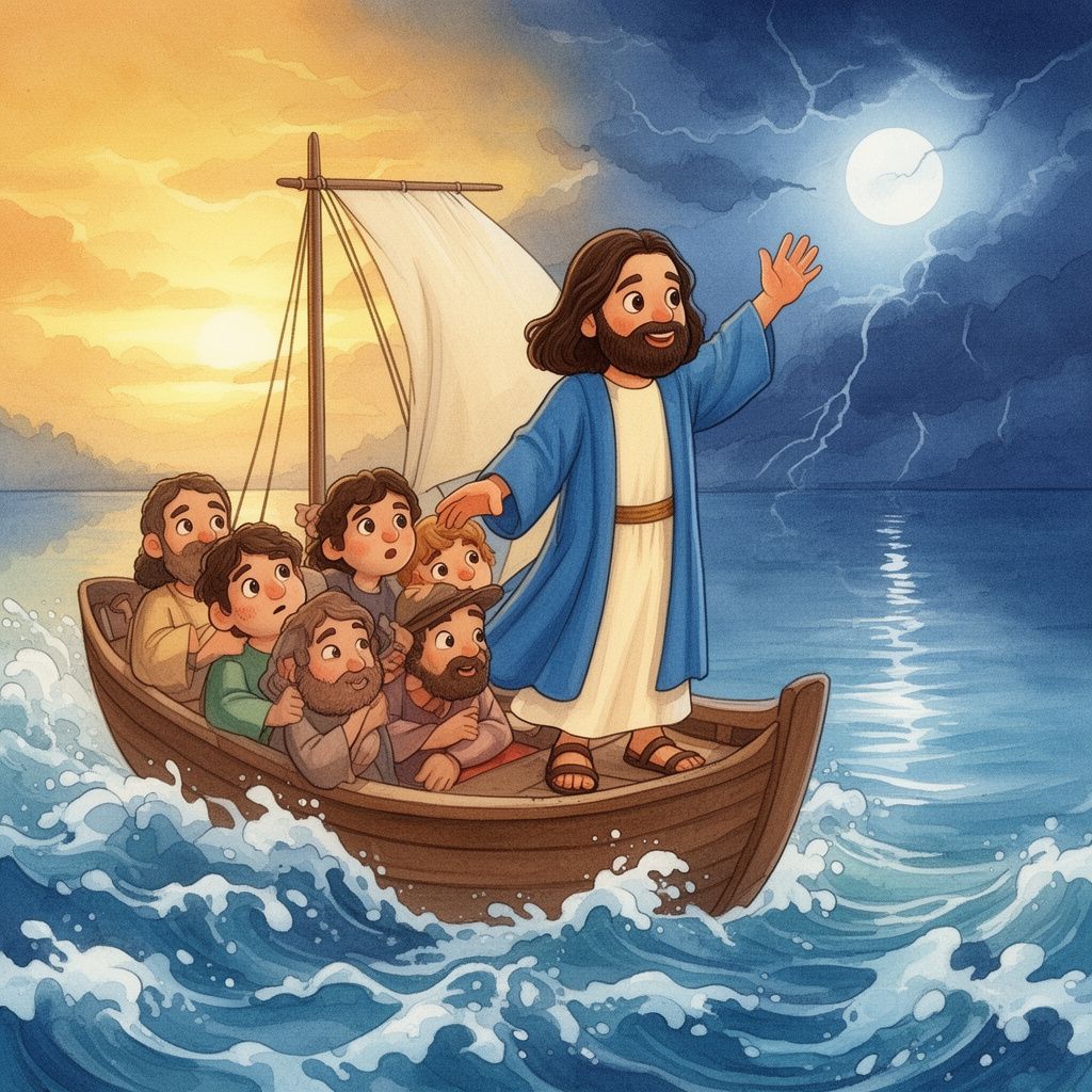 Jesus Calms the Storm: Jesus stands up. He tells the wind to stop. He tells the waves to be quiet. Jesus is calm and strong.