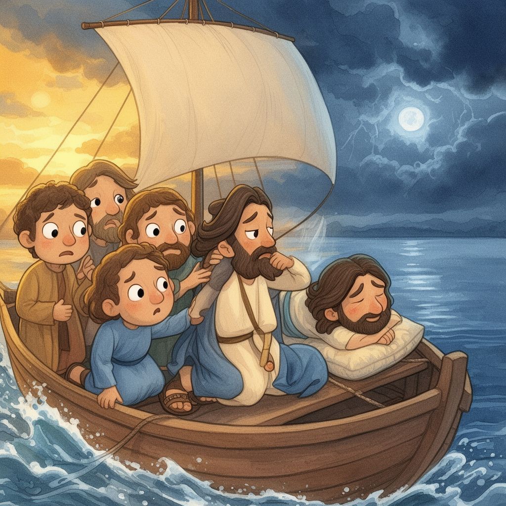 Jesus Calms the Storm: Jesus is still asleep. His friends gently wake Him. They call Him Teacher. They ask if He cares about them. They need His help.