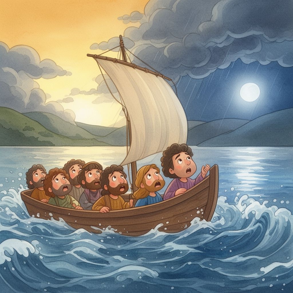 Jesus Calms the Storm: Then the wind starts to blow. The sky turns gray. The sail pulls hard. The waves grow big and tall. The friends look up, worried.