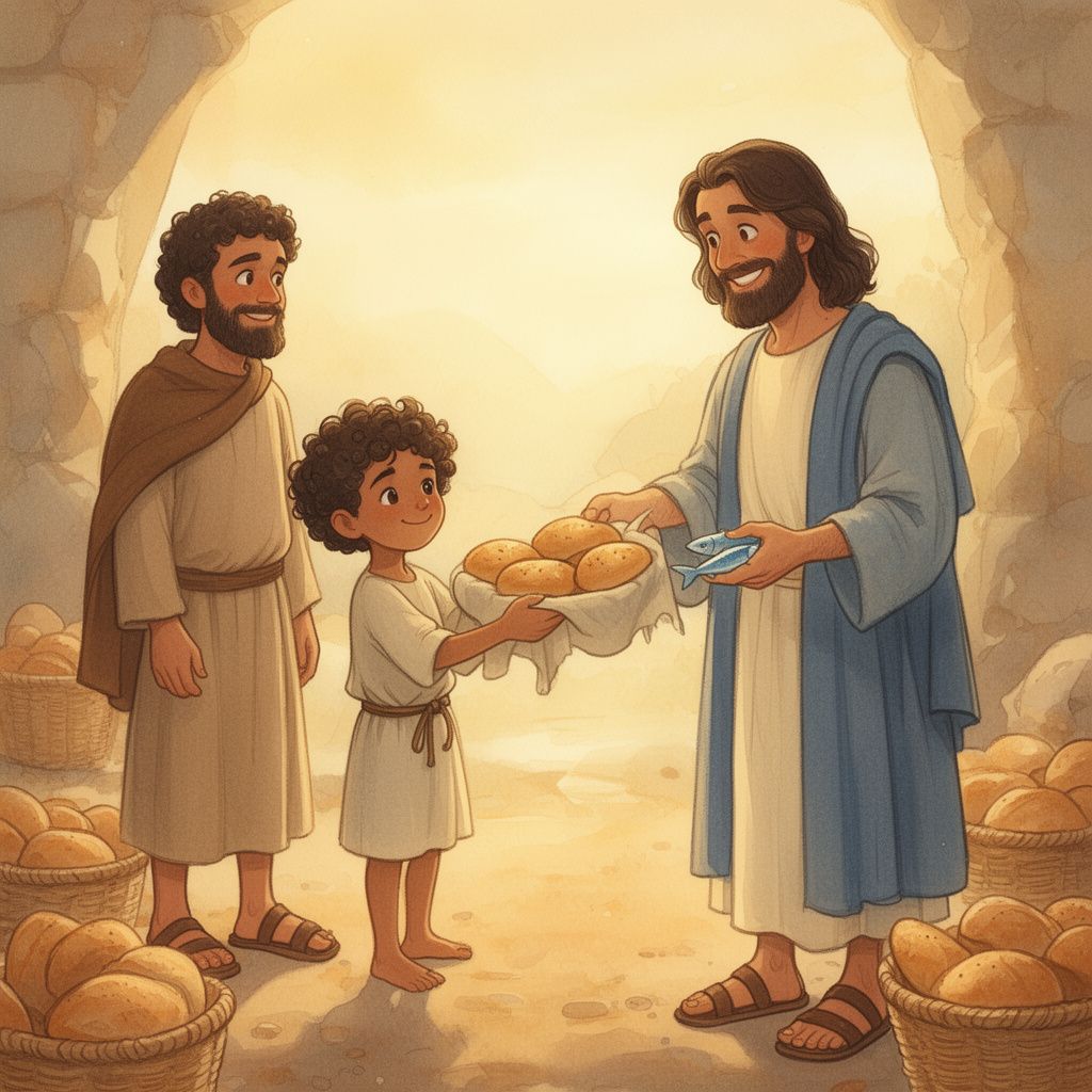 The Boy Who Shared His Lunch: Then Andrew found somebody. It was a boy with a little lunch. He had five small loaves of barley bread and two little fish. That w