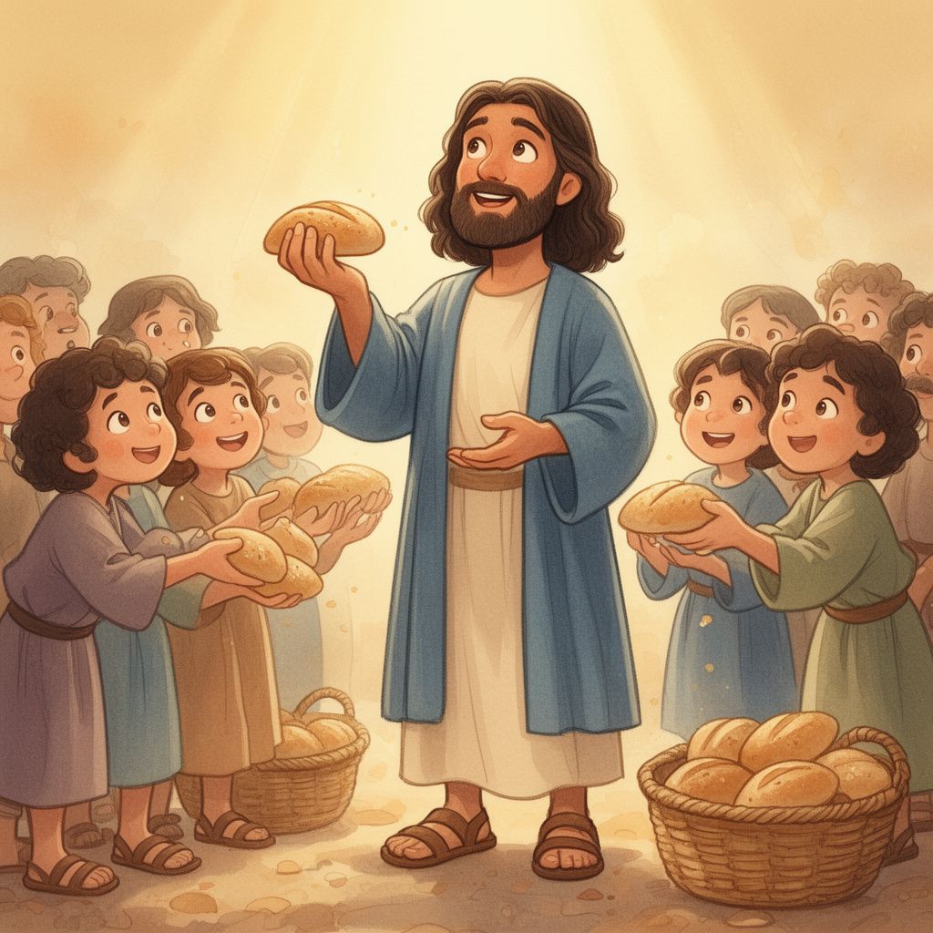 The Boy Who Shared His Lunch: Jesus picked up the five little loaves. He lifted them up and thanked His Father in heaven. Then He broke the bread into pieces. H