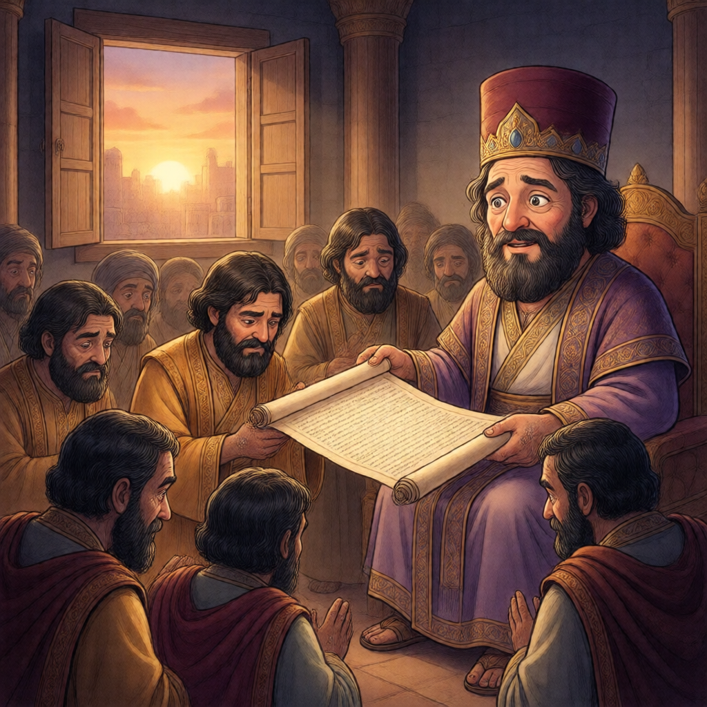 Daniel and the Lions' Den: So they laid a trap, and they baited it with flattery. They came to the king in a crowd and suggested a splendid new law: for thirty 