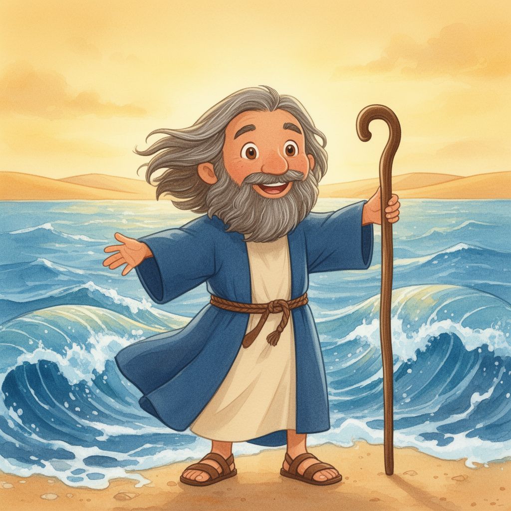 Moses and the Red Sea: Moses holds his hand out over the sea. God sends a strong wind. All night the wind blows. The sea opens up!
