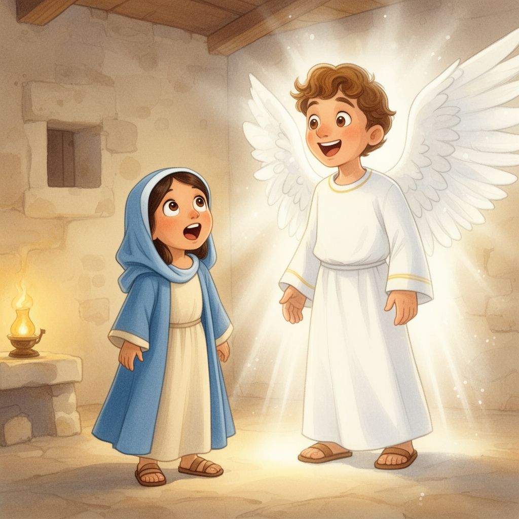 The First Christmas: This is Mary. Mary loves God. One day an angel comes to her. It is Gabriel. Mary will have a baby! His name is Jesus.