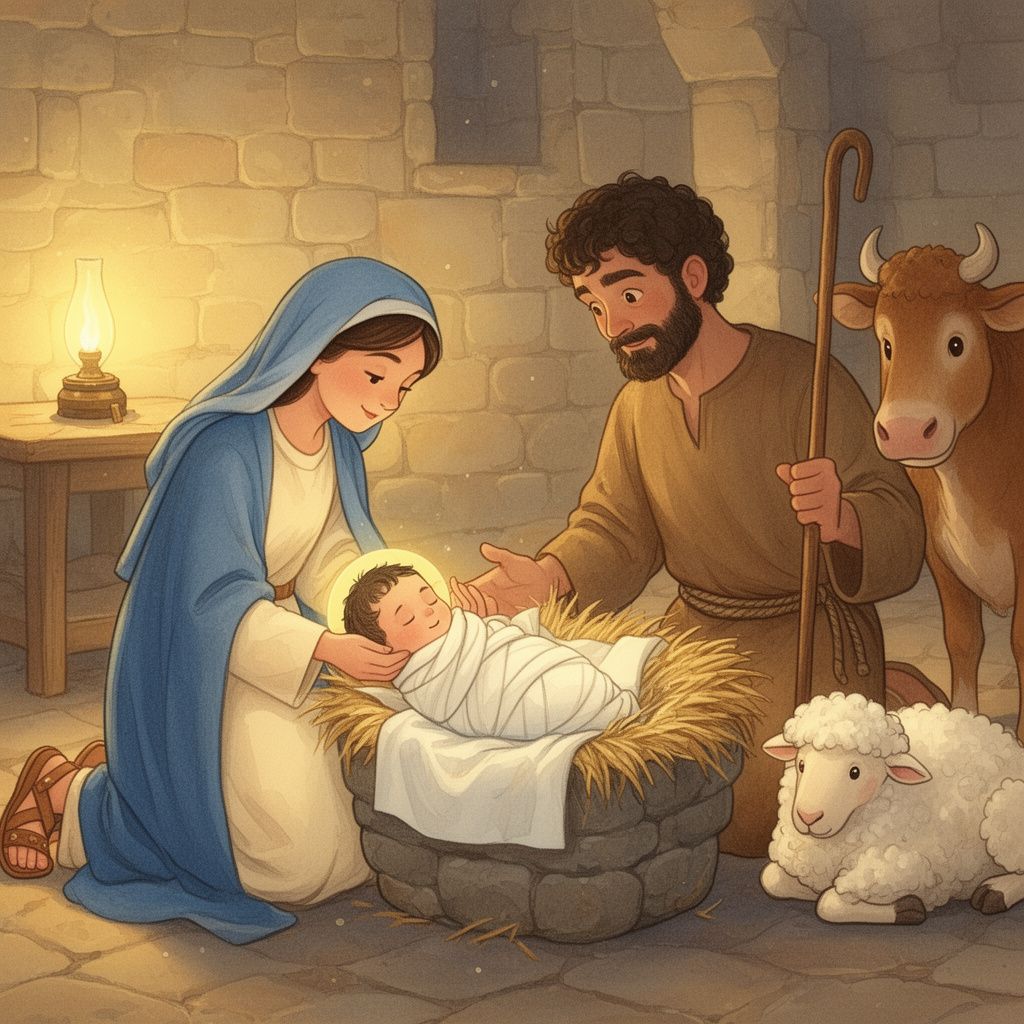 The First Christmas: There was no room for them in the inn. While they were there, Mary's baby was born! It was Jesus, God's own Son. Mary wrapped Him snugly in