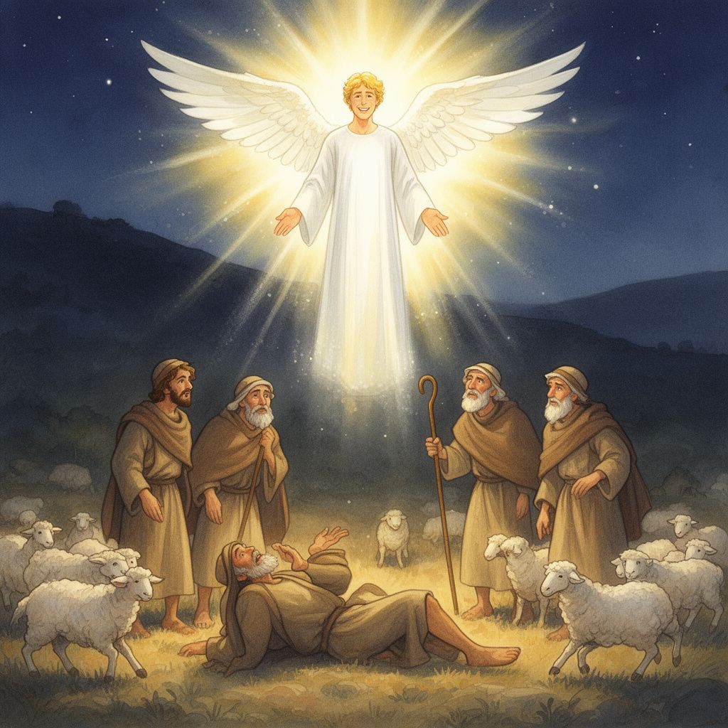 The First Christmas: Just then “an angel of the Lord stood before them, and the glory of the Lord shone around them, and they were terrified.” The glory of the