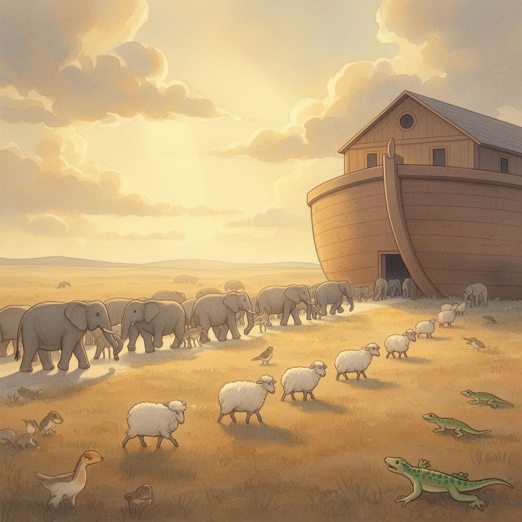 Noah's Ark: Then the animals came. Genesis says they “came to Noah to enter the ark, two by two, male and female, as God had commanded Noah.” No one had to hunt